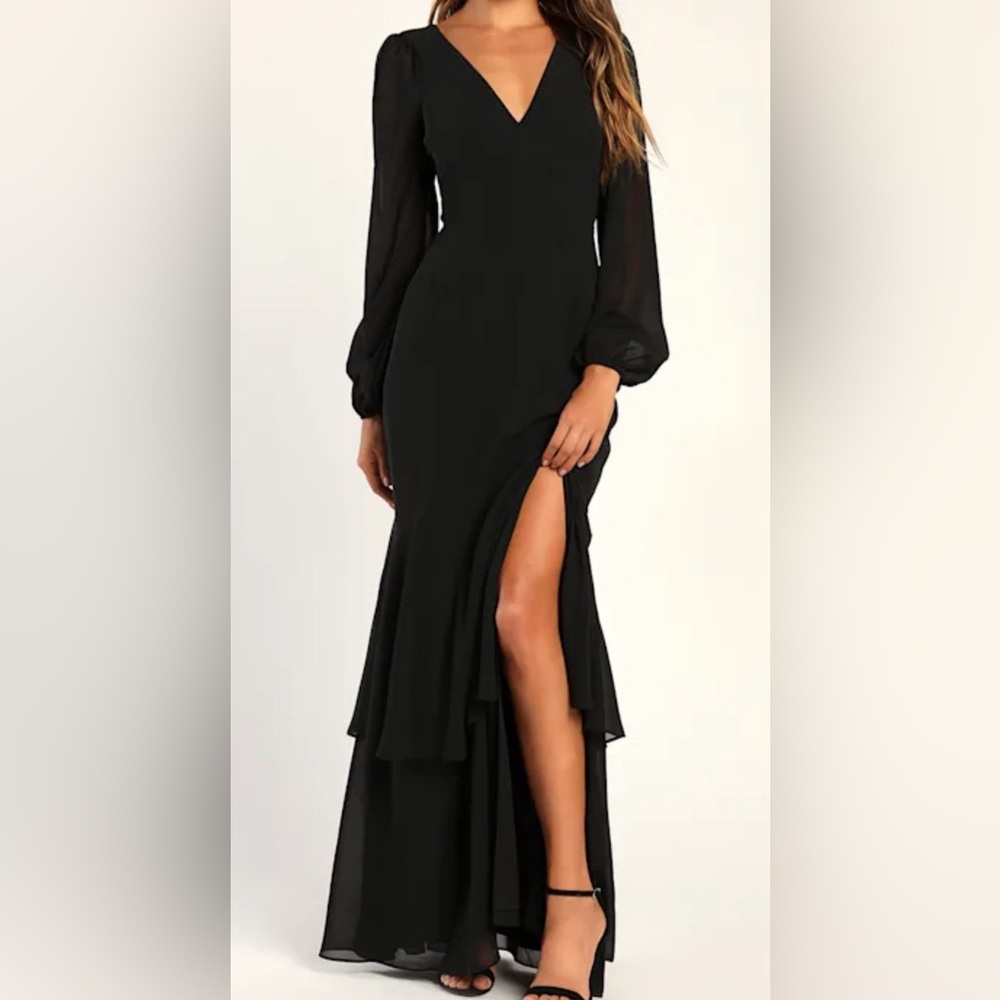 New - Lulus Tier Elegance Black Long Sleeve Tiered Maxi Dress, Sz Large